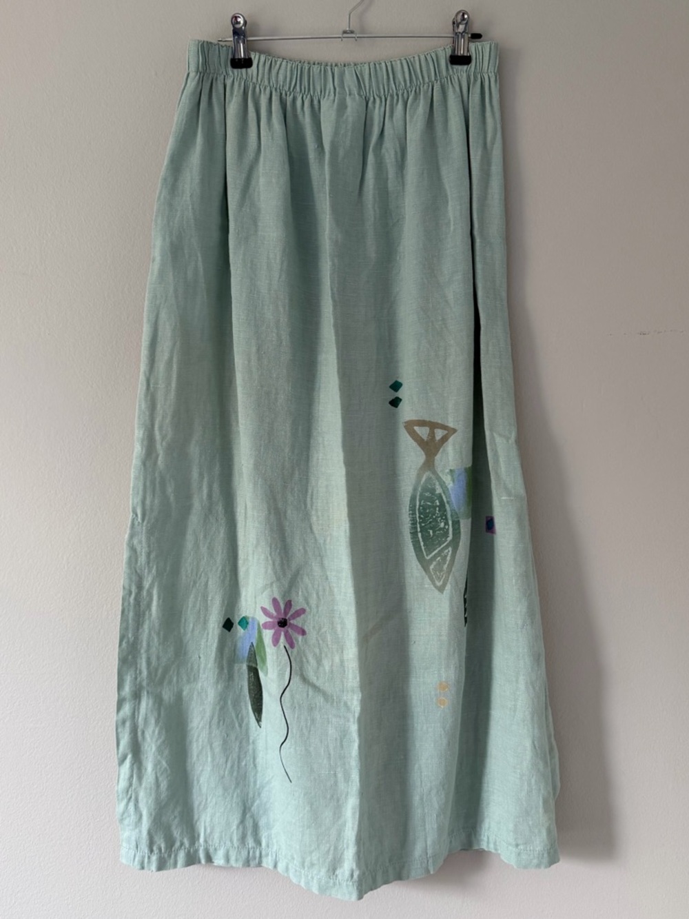 Vintage Play Alegre Hand Painted Maxi Skirt Mint Green Art To Wear Boho Slit